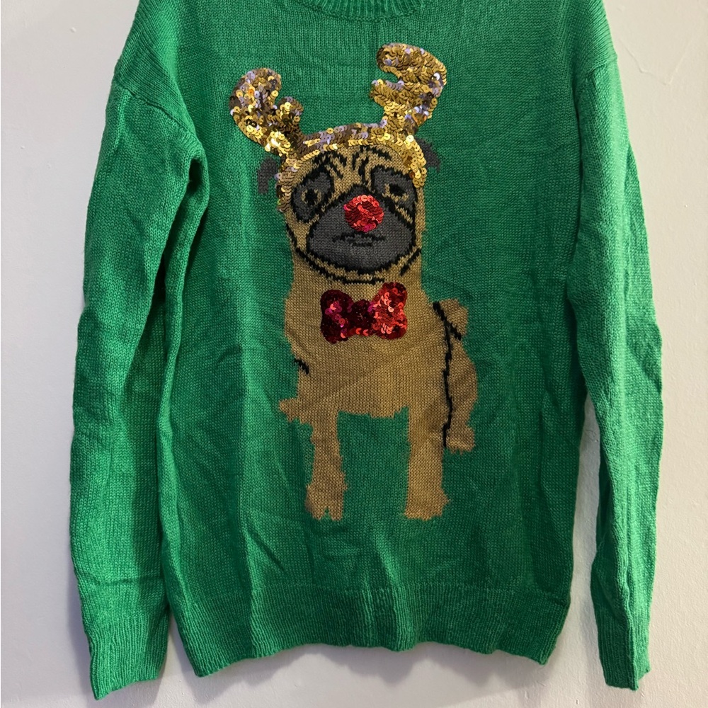 ASOS Green Sweater with Festive Pug Design